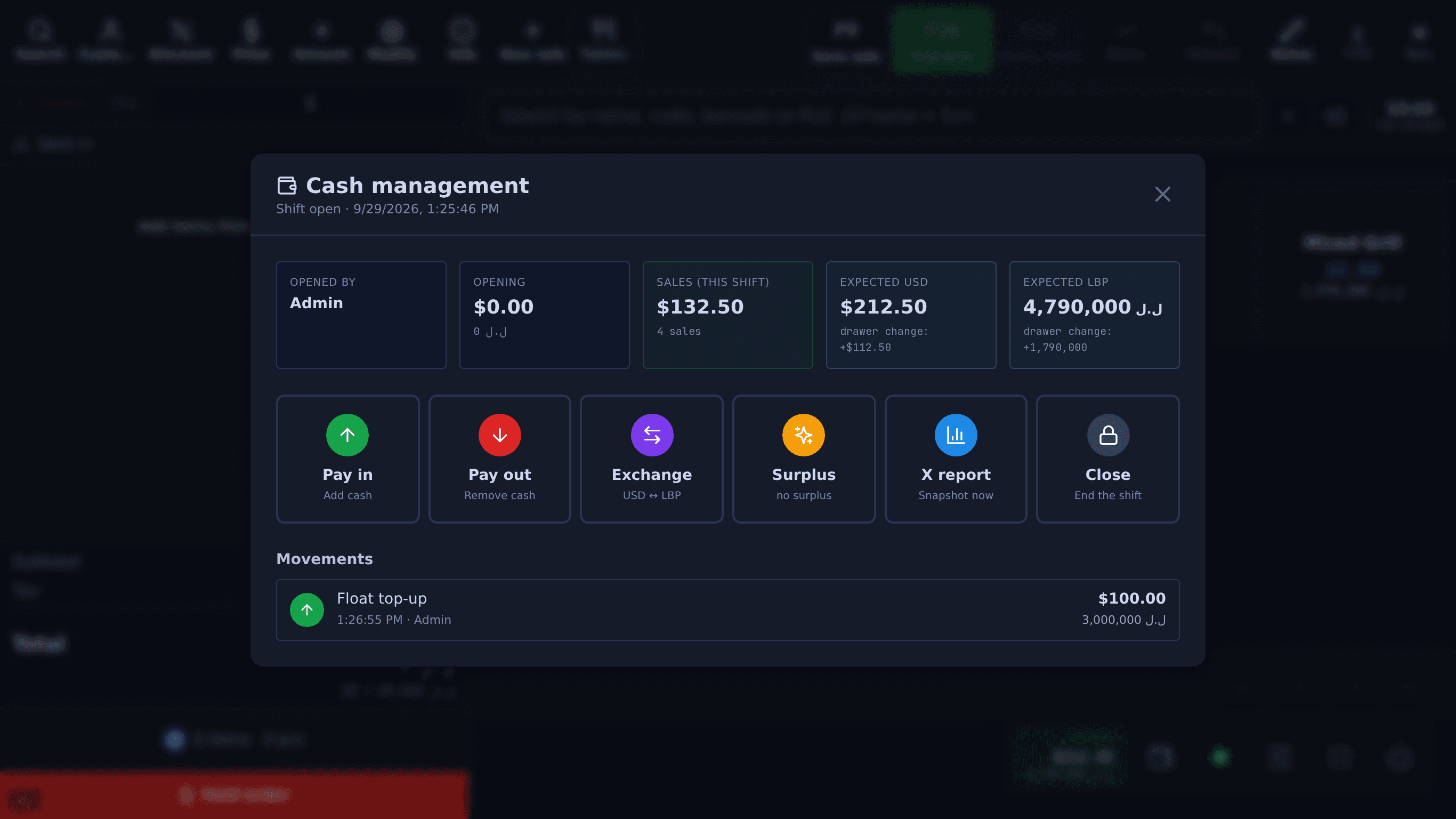 Cash management for an open shift: $132.50 in sales, expected drawer of $212.50 and 4,790,000 LBP, with Pay in, Pay out, Exchange, Surplus, X report and Close
