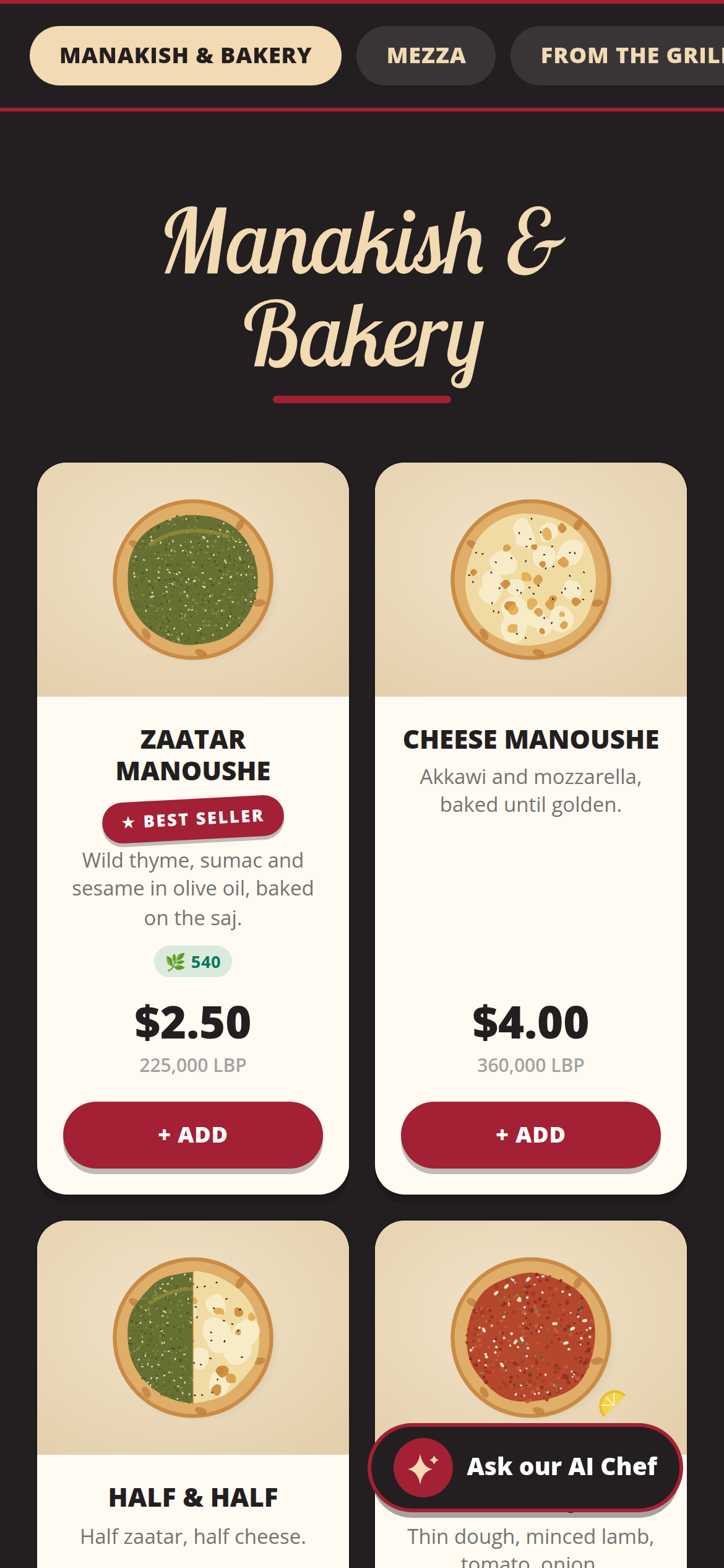 Table customer QR menu on a phone, in English: the Manakish & Bakery section with drawn dish pictures, a best-seller badge, a calorie count and prices in US dollars and Lebanese lira