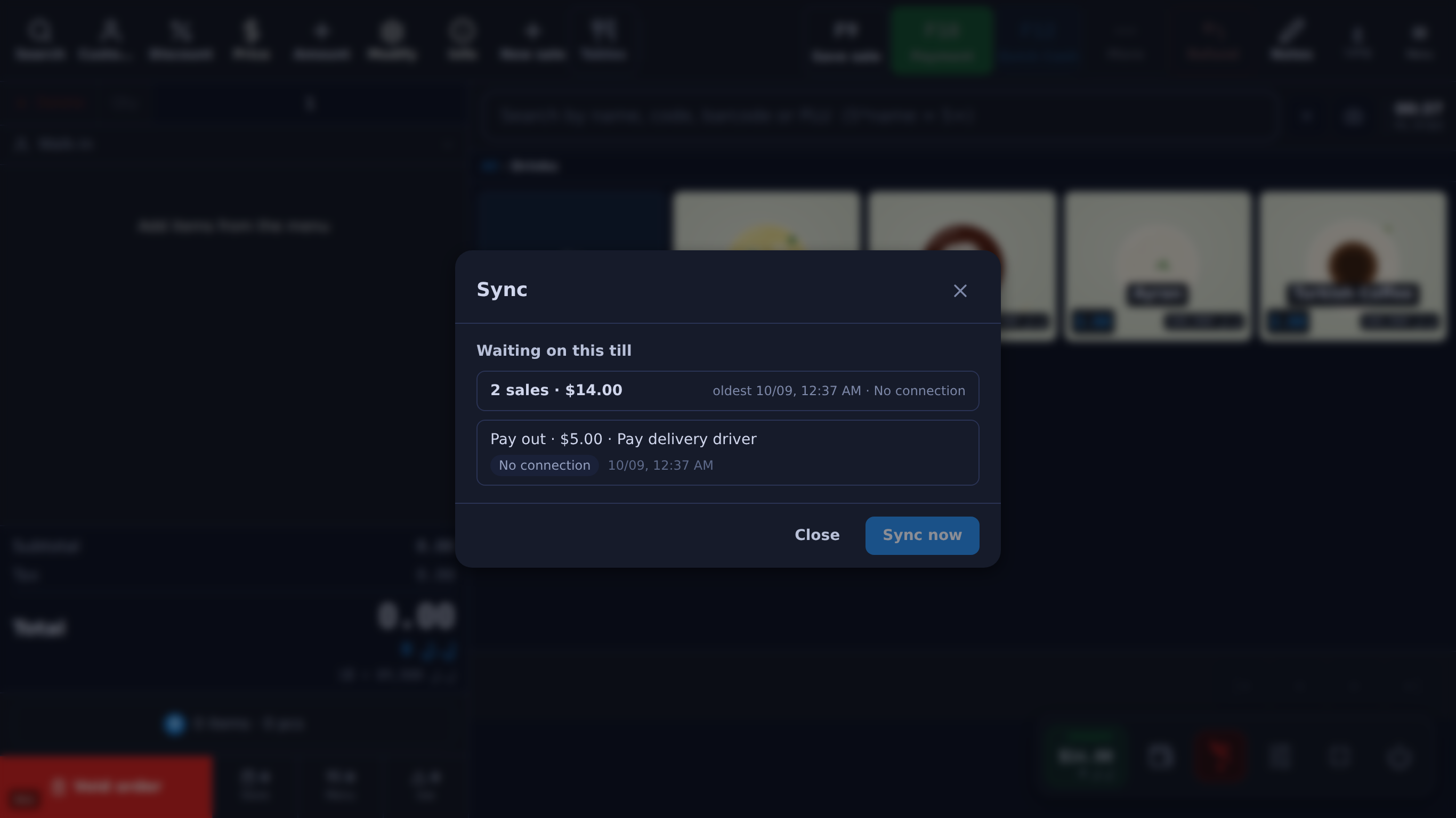 شاشة المزامنة بكاشير Table بلا إنترنت: تحت «Waiting on this till»، بيعتين مجموعهن 14.00$ وإخراج كاش بـ5.00$ لشوفير التوصيل، كل وحدة معلّمة «No connection»