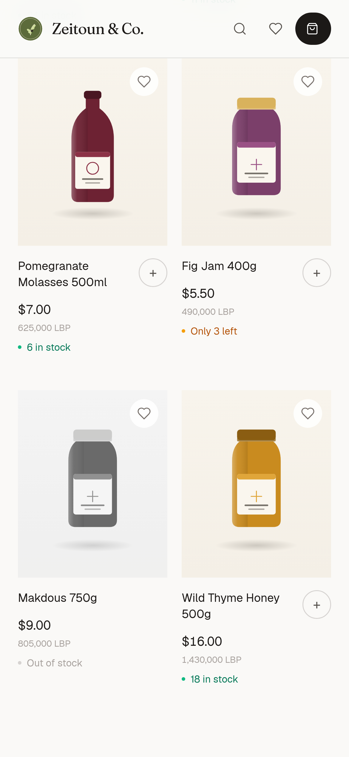Table online store on a phone for the Zeitoun & Co. demo pantry shop: four products with drawn pictures, each priced in US dollars and Lebanese lira, with stock shown as 6 in stock, Only 3 left, Out of stock and 18 in stock
